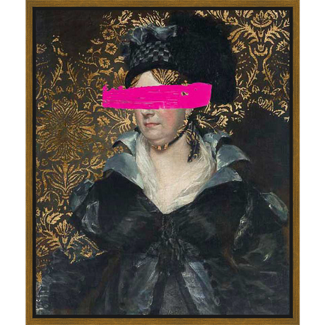 This striking piece of art features a classic portrait of a woman, reimagined with a modern twist. The historical figure is stylized with a contemporary and bold aesthetic. This eye-catching artwork blends traditional portraiture with a pop of modern color.