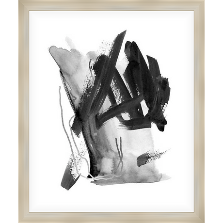 This abstract artwork features bold brushstrokes and a dynamic composition. The piece utilizes a monochrome palette with varying shades to create depth and visual interest. The artwork evokes a sense of movement and emotion.