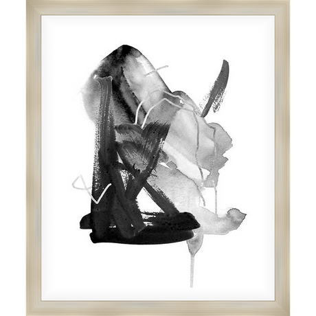 This abstract artwork showcases bold brushstrokes of black and gray against a stark white background. The dynamic composition and expressive marks create a captivating visual experience.