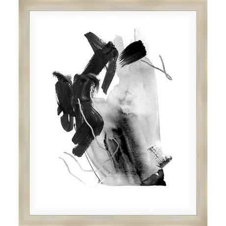 A striking modern abstract artwork, this piece features bold black brushstrokes and watercolor washes that create a dynamic and expressive composition. The contrast between the dark, defined shapes and the lighter, more ethereal washes generates a captivating visual experience. It is perfect to add an artistic touch to any room.