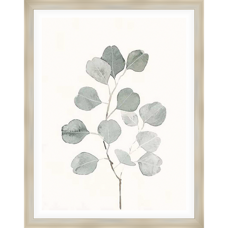 This watercolor artwork features a delicate eucalyptus branch with soft, muted green leaves. The minimalist design and neutral tones bring a touch of natural elegance to any space.