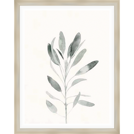 A delicate watercolor painting depicts a stylized plant with long, graceful leaves. Soft washes of color create a tranquil and minimalist aesthetic, perfect for adding a touch of nature-inspired elegance to any space.