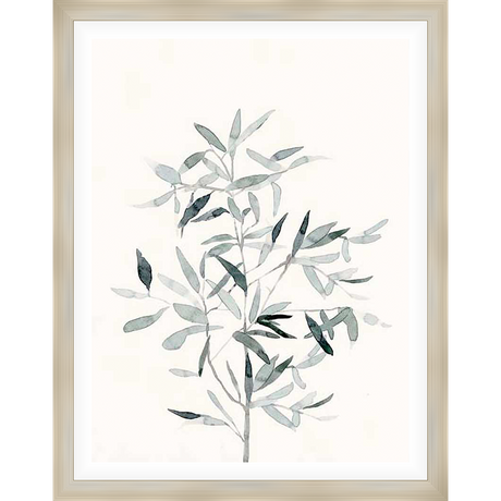 This delicate watercolor artwork features a stylized botanical arrangement of slender leaves and stems. The minimalist design and muted color palette evokes a sense of calm and serenity, perfect for adding a touch of natural elegance to any space.