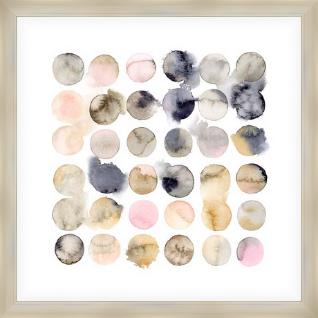 A modern watercolor print features a grid of soft, overlapping circles in muted tones. The abstract design evokes a sense of calm and adds an artistic touch to any space.