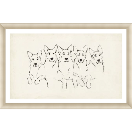 This charming art piece features a simple yet expressive sketch of five dogs, rendered in elegant black lines. The artwork evokes a sense of companionship and warmth, making it a perfect addition to any space.