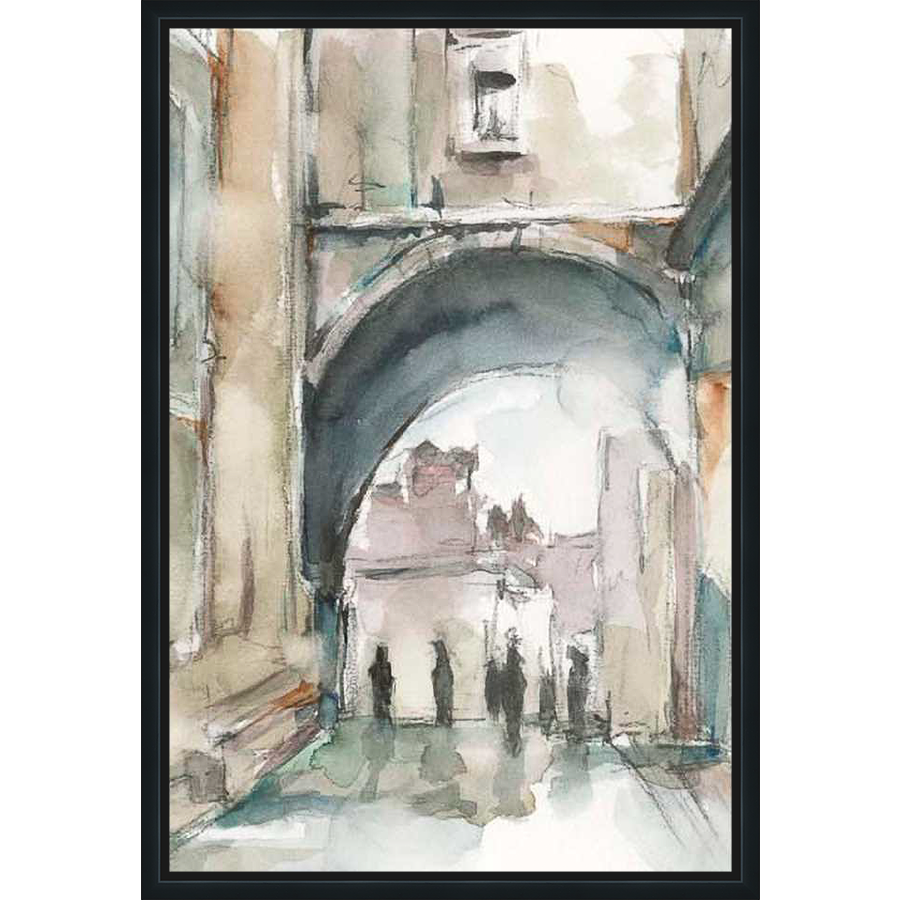 This watercolor painting captures a serene urban scene, showcasing a glimpse through an archway into a distant city landscape. The artwork features soft, muted colors and loose brushstrokes, creating a dreamlike atmosphere.