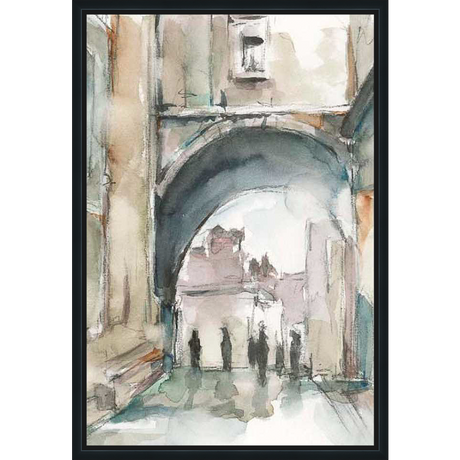 This watercolor painting captures a serene urban scene, showcasing a glimpse through an archway into a distant city landscape. The artwork features soft, muted colors and loose brushstrokes, creating a dreamlike atmosphere.