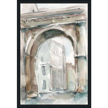 A serene watercolor painting captures an arched architectural element, offering a glimpse into a distant street scene with soft, diffused light and delicate details. This artwork evokes a sense of quiet contemplation and historical charm.