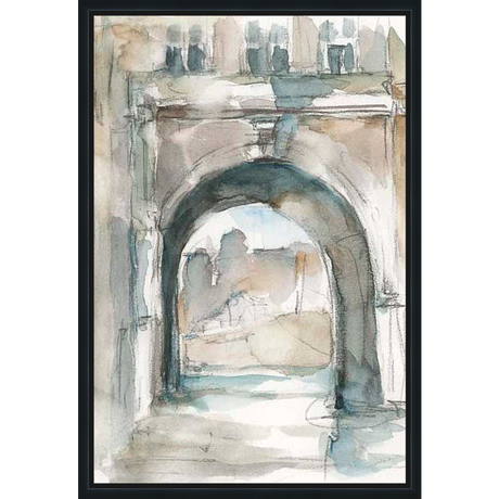 A watercolor painting captures the essence of an archway, rendered in soft hues and loose brushstrokes. The artwork evokes a sense of depth and tranquility.