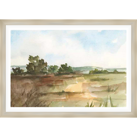 This artwork depicts a serene landscape scene rendered in soft watercolor hues. Featuring a horizon line with trees and fields, the artwork captures a sense of tranquility with its loose brushstrokes and natural color palette.