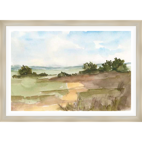 A watercolor landscape painting featuring a field under a cloudy sky, evoking a serene and natural atmosphere. The artwork uses soft brushstrokes and muted colors to create a tranquil scene, perfect for adding a touch of nature-inspired art to your home.