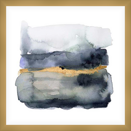 This abstract artwork features a layered watercolor design with cool, muted tones accented by a golden stripe. The piece evokes a sense of depth and texture, perfect for adding a touch of modern elegance to any space.