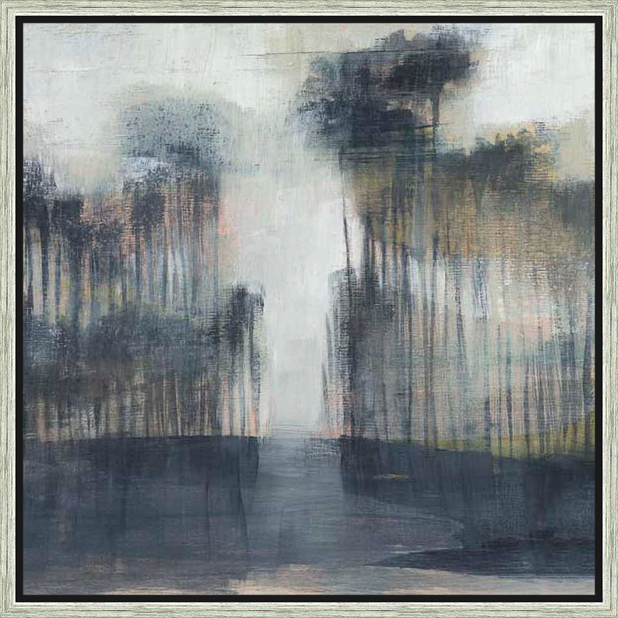 A captivating abstract landscape painting, this artwork features a moody forest scene with soft, layered brushstrokes, creating depth and movement. The color palette is muted, evoking a sense of mystery and calm, making it a perfect addition to any contemporary space.