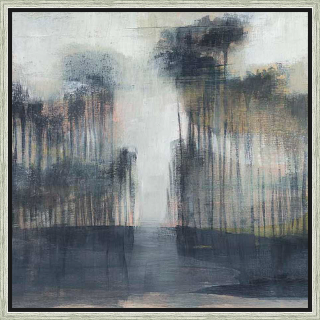 A captivating abstract landscape painting, this artwork features a moody forest scene with soft, layered brushstrokes, creating depth and movement. The color palette is muted, evoking a sense of mystery and calm, making it a perfect addition to any contemporary space.