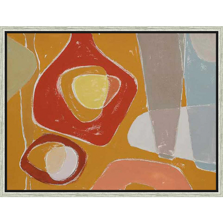 An abstract painting bursts with a vibrant color palette and playful shapes. The artwork presents a dynamic composition with bold forms and organic outlines, creating a visual symphony.