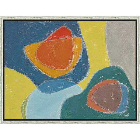 This abstract artwork features bold shapes and a vibrant color palette, creating a dynamic and eye-catching composition. The interplay of colors and forms evokes a sense of energy and visual interest, making it a striking piece for any space.