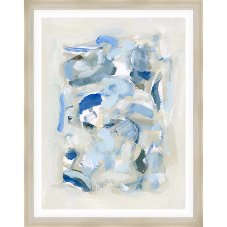 This abstract artwork features a soft palette of blues and neutral tones, creating a serene and calming ambiance. The piece utilizes bold brushstrokes and layered textures to form a visually dynamic composition, perfect for enhancing modern interior spaces.
