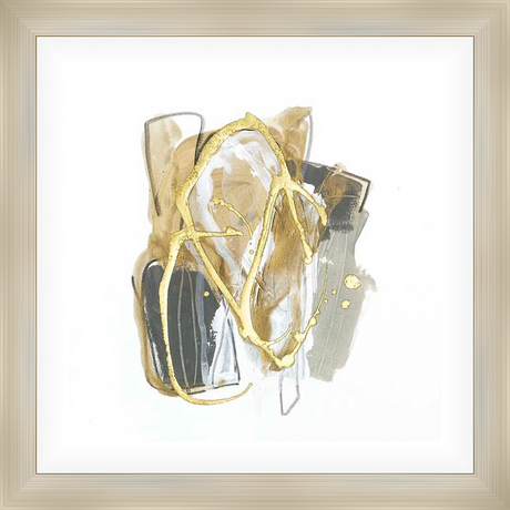 This abstract artwork features a dynamic composition of overlapping shapes and textures, blending organic forms with bold strokes of color. The interplay of layered elements and metallic accents creates a modern and captivating visual experience, perfect for adding a touch of sophistication to any space.