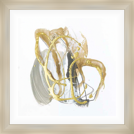 This modern abstract artwork features a captivating interplay of color and form, with gold metallic strokes dancing across a neutral background, creating a dynamic visual experience. The piece exudes a sense of movement and energy, making it a perfect addition to any contemporary interior.