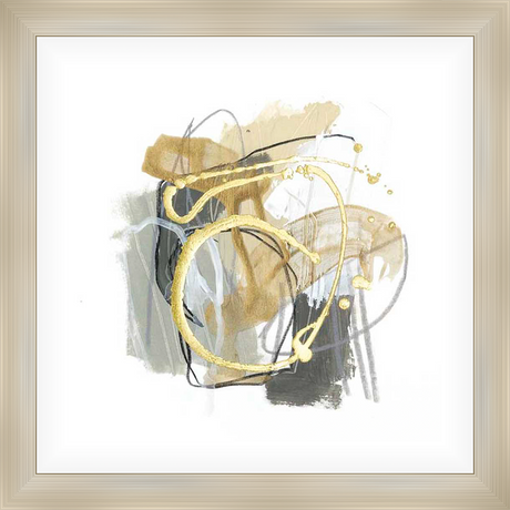 This captivating abstract artwork features dynamic brushstrokes of gold, charcoal, and neutral tones, creating an alluring blend of organic shapes and linear elements, perfect for adding modern elegance to any space.