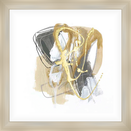 This abstract artwork showcases a dynamic composition of mixed media. Gold metallic accents are layered over swathes of color and gestural lines. This modern piece adds a touch of elegance and artistic flair to any space.