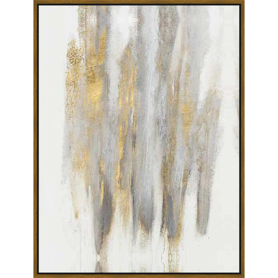 This abstract artwork features flowing, textured strokes of gold, grey, and white, creating a modern and elegant aesthetic. The brushstrokes appear to cascade, creating a sense of movement and adding depth to any space.