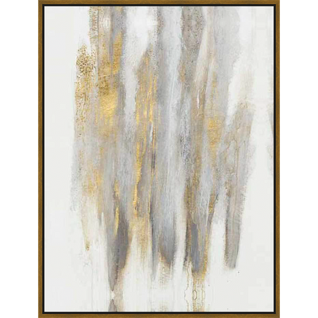 This abstract artwork features flowing, textured strokes of gold, grey, and white, creating a modern and elegant aesthetic. The brushstrokes appear to cascade, creating a sense of movement and adding depth to any space.