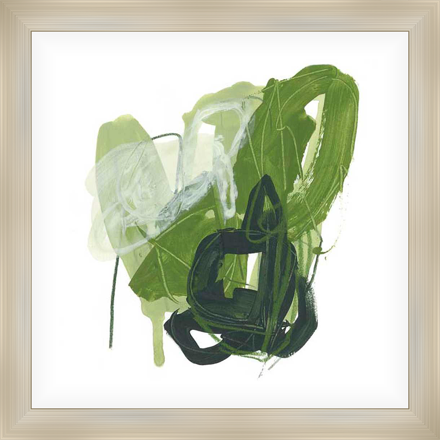 This abstract artwork features expressive brushstrokes of varying shades of green and white. The bold composition evokes a sense of organic movement and energy against a pristine white background.