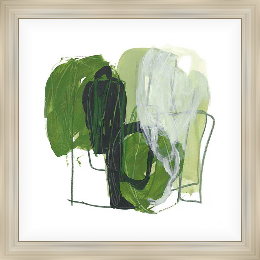 This abstract artwork features bold brushstrokes of green and black, creating a dynamic composition. The use of varying shades of green and subtle white highlights adds depth and visual interest to the piece. It would be a perfect addition to any modern decor.