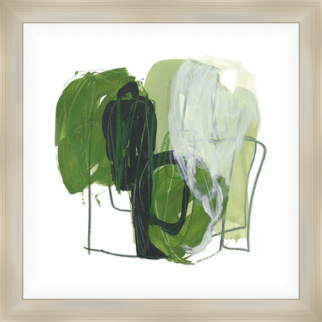 This abstract artwork features bold brushstrokes of green and black, creating a dynamic composition. The use of varying shades of green and subtle white highlights adds depth and visual interest to the piece. It would be a perfect addition to any modern decor.