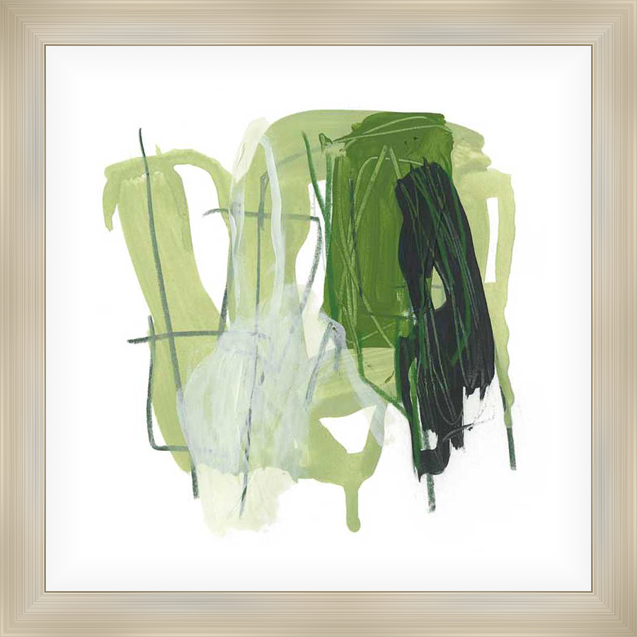 This abstract artwork features layered brushstrokes in shades of green and black against a white background. The piece evokes a sense of movement and organic form.