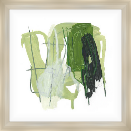 This abstract artwork features layered brushstrokes in shades of green and black against a white background. The piece evokes a sense of movement and organic form.