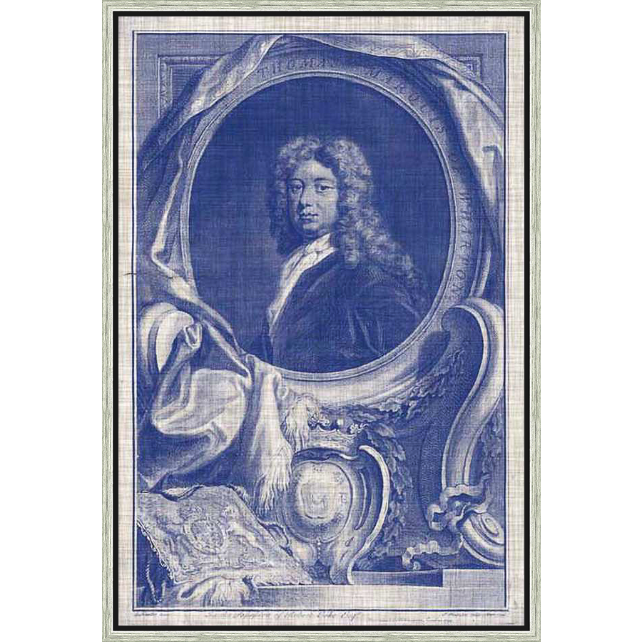 A detailed engraving, this artwork presents a portrait of a distinguished gentleman within an elaborate oval frame, adorned with drapery and classical embellishments, perfect for adding a touch of historical elegance to any space.
