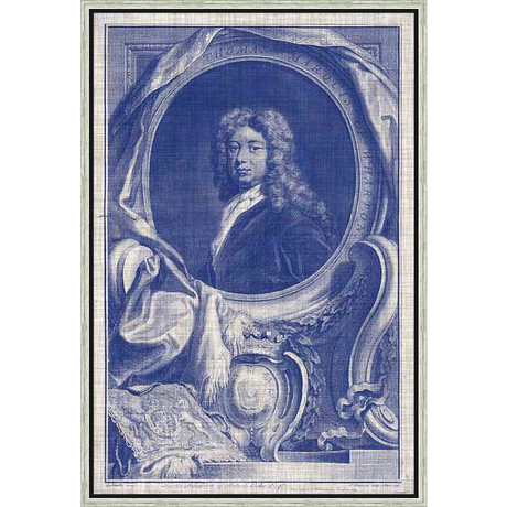 A detailed engraving, this artwork presents a portrait of a distinguished gentleman within an elaborate oval frame, adorned with drapery and classical embellishments, perfect for adding a touch of historical elegance to any space.