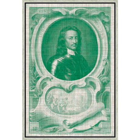An historical portrait rendered in a unique green hue, this artwork showcases a detailed depiction of a figure in armor within an ornate, scroll-like frame. The style evokes a sense of historical depth.