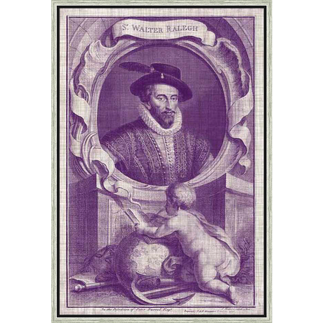 A vintage print features a portrait of Sir Walter Raleigh, along with a playful cherub-like figure interacting with a globe. The artwork is executed in a detailed, engraved style, offering a touch of historical elegance.
