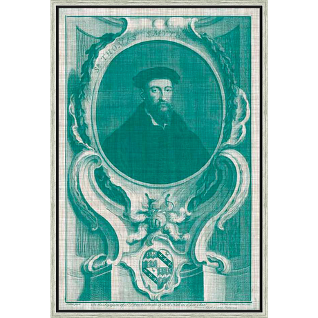 A teal and white portrait of a gentleman in a formal pose, framed by ornate scrollwork and featuring a crest at the bottom. This elegant piece would make a statement in any room.
