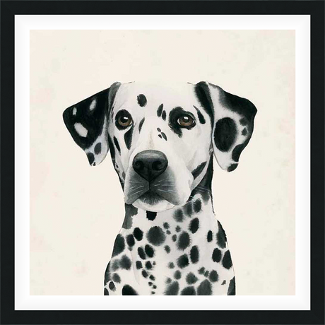 A charming watercolor portrait of a Dalmatian dog, showcasing its distinctive black spots and attentive gaze against a soft, neutral background. This artwork captures the breed's classic elegance and makes a delightful addition to any home decor, bringing a touch of animal charm.