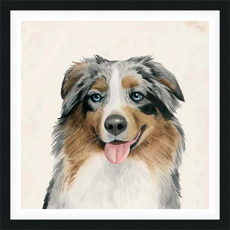 A charming watercolor portrait captures the happy expression of a dog. This delightful artwork features a vibrant combination of colors and skillful brushstrokes, perfect for adding a touch of warmth and personality to any room.