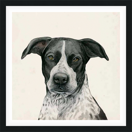 A captivating portrait of a dog, rendered with meticulous detail and lifelike realism. The artwork beautifully captures the dog's expressive eyes and distinctive markings, making it a charming addition to any space.