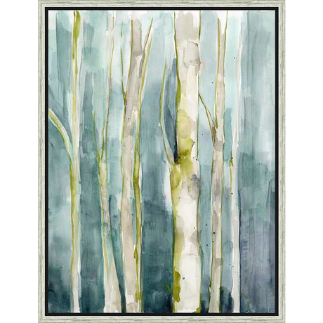 This beautiful art print captures a serene forest scene with abstracted trees and a soft, watercolor effect. The cool color palette and gentle brushstrokes create a calming atmosphere, perfect for adding a touch of nature to your home decor.