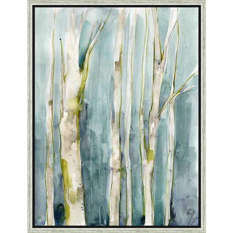 A serene abstract painting evokes the quiet beauty of a forest. Delicate brushstrokes capture the textures of the birch trees and the dreamy atmosphere of the background. This artwork is perfect for adding a touch of tranquility to any space.