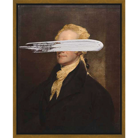 A classical portrait is reimagined with a modern, minimalist touch, featuring a figure adorned in period attire with a white brushstroke obscuring the eyes, creating a striking juxtaposition of old and new.