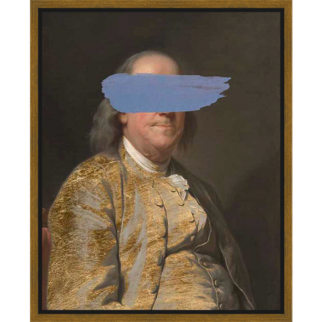 A classic portrait is disrupted with a modern paint stroke, creating a juxtaposition between the traditional and the contemporary. This artwork offers a unique blend of historical reference and modern artistic expression, perfect for adding a touch of character to any space.