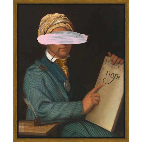 A Renaissance-era portrait reimagined with a modern twist. The artwork features a distinguished figure, obscured by a bold brushstroke, holding a notepad with a defiant word, blending classic artistry with contemporary humor. This piece offers a unique blend of history and modern art.