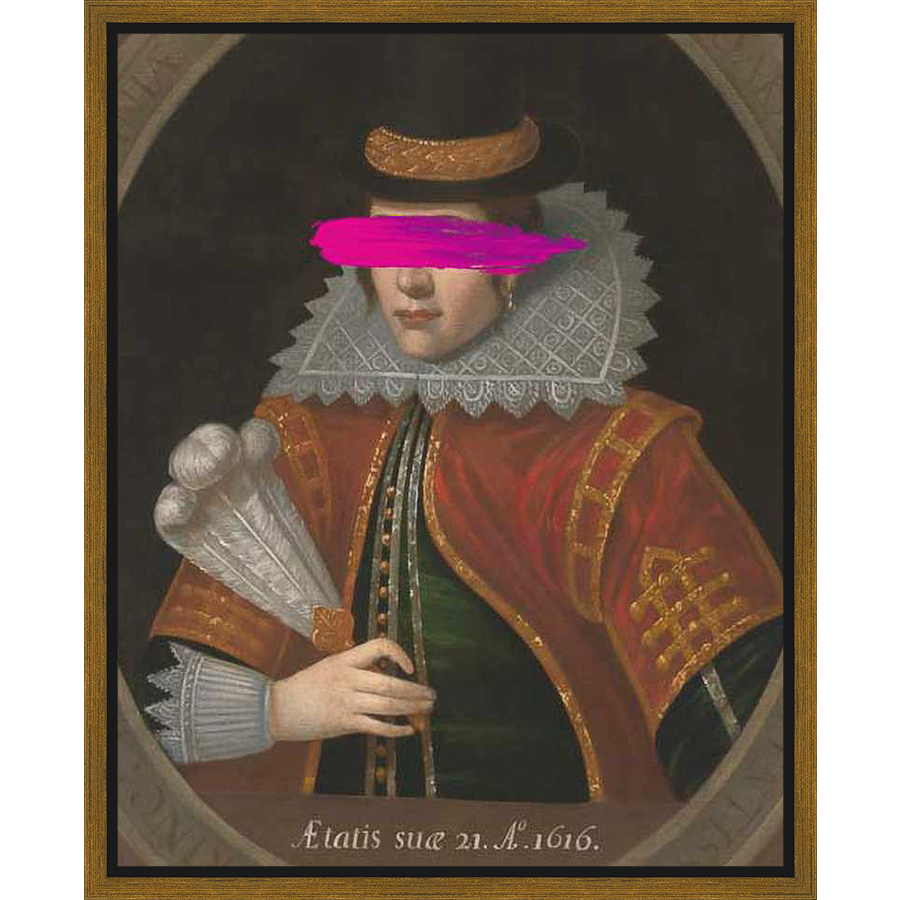 A striking portrait from the 17th century showcases a figure in elaborate attire, complete with a ruff collar, feathered fan, and a hat. The subject's identity is masked, adding an element of mystery to this Renaissance-era artwork, perfect for any art lover looking for a touch of history.