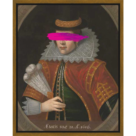 A striking portrait from the 17th century showcases a figure in elaborate attire, complete with a ruff collar, feathered fan, and a hat. The subject's identity is masked, adding an element of mystery to this Renaissance-era artwork, perfect for any art lover looking for a touch of history.