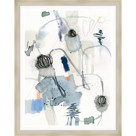 This abstract art piece features fluid watercolor washes and delicate line work. The artwork is a study in organic forms and expressive marks, creating a sense of movement and depth. The piece invites viewers to interpret its visual language.