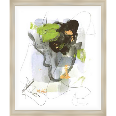 An abstract expressionist piece, this artwork features bold brushstrokes and a dynamic interplay of color and form. Scribbled lines and touches of gold leaf add further complexity and visual interest to this unique and evocative artwork, perfect for adding a touch of modern art to your space.