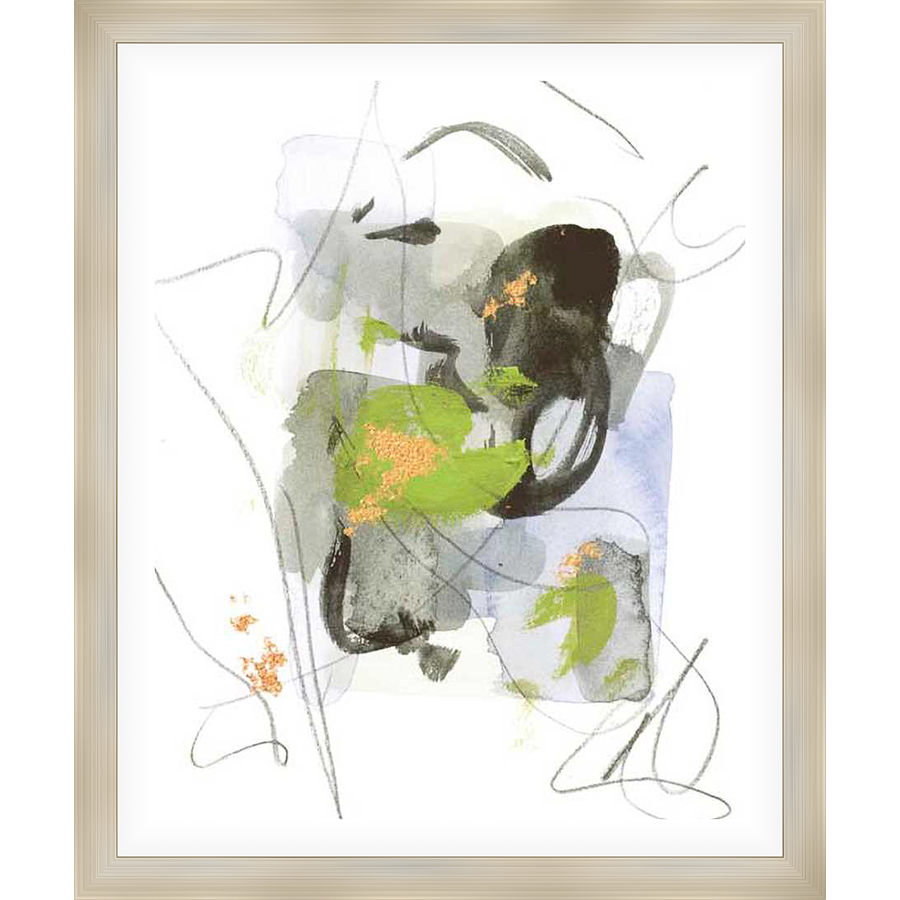 This abstract artwork features a blend of organic shapes and expressive lines, creating a dynamic composition that invites contemplation. Splashes of color and delicate pencil strokes build a textured design with an artistic feel.